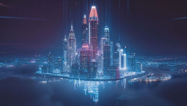 Futuristic neon skyscrapers hovering above foggy cityscape