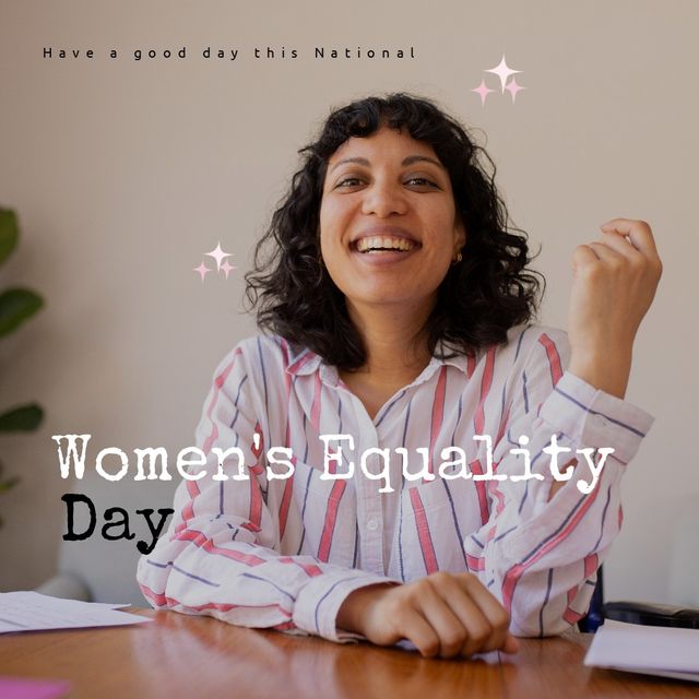 Composite of biracial mid adult woman at desk and have a good day this national women's equality day. Text, copy space, portrait, happy, office, equality, freedom, vote, human rights, celebration.