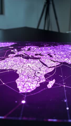 Vertical Holographic World Map Pulsing on Conference Table, Futuristic Corporate Tech Demo