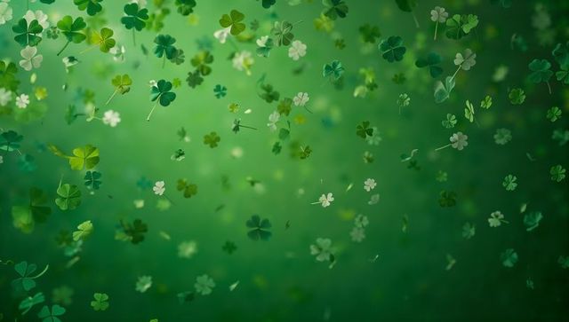 Floating clover leaves drifting across soft green gradient with glowing bokeh lights