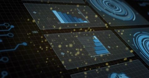 Displaying translucent holographic data panels with blue bar charts on futuristic dashboard