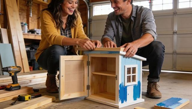Couple assembling painted wooden cabinet in garage workshop diy home project