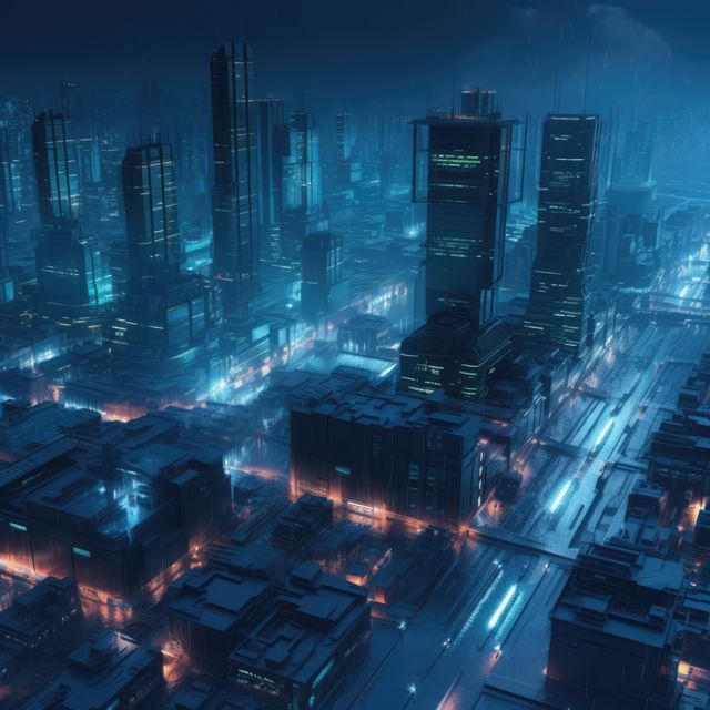 Skyscrapers and blue neon lights at night in cityscape, created using generative ai technology. Sci fi, cyberpunk, fantasy architecture and futuristic city concept digitally generated image.
