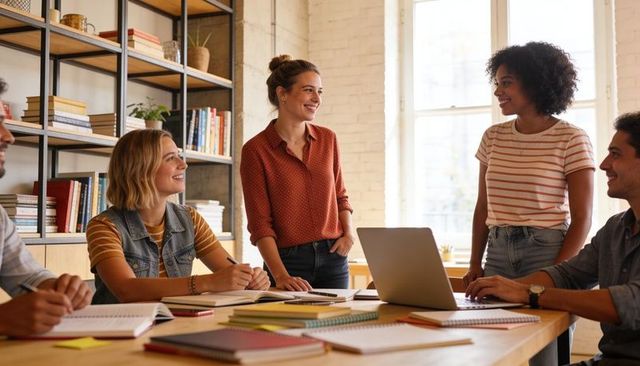 Leading team collaborating around laptop in sunlit modern office with bookshelf