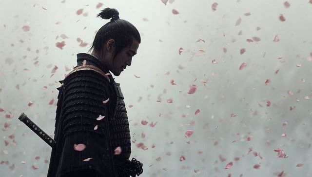 Samurai warrior in misty field with falling petals