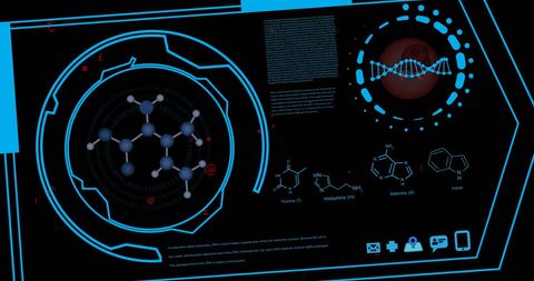 Futuristic chemical formula and data interface with dna strand
