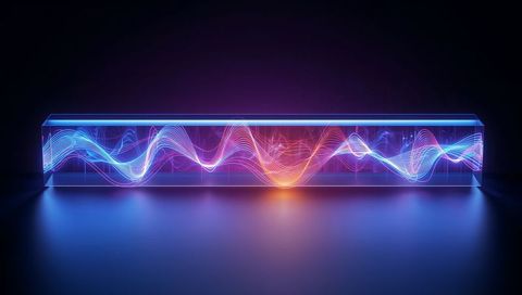 Glowing Translucent Prism Display with Neon Waveform Moving Across Reflective Surface