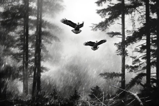 Two bald eagles are soaring through a misty forest, creating a haunting and majestic scene. The image captures the beauty and power of wildlife in their natural habitat. Ideal for use in nature magazines, wildlife documentaries, environmental campaigns, and outdoor adventure advertisements.