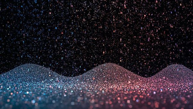 Glittering particle waves in blue-magenta bokeh — abstract sparkling texture