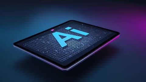 Rotating Tablet Displaying Cyan AI Grid with Neon Dual-Edge Lighting and Levitation