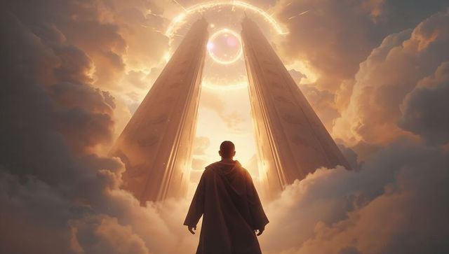 Robed pilgrim standing before monumental twin pillars and glowing celestial ring portal