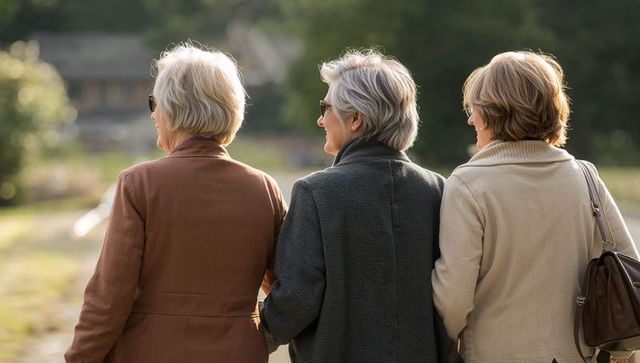 Walking senior women linking arms on sunlit park path, enjoying friendship and nature