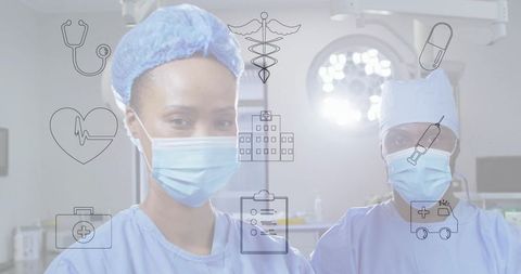 Two surgeons in operating room wearing masks and scrubs with medical icons overlay