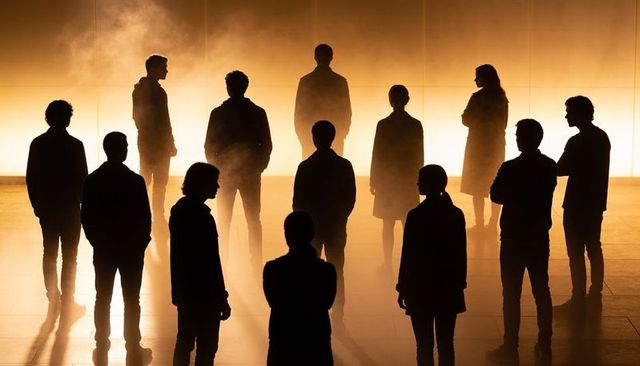Backlit silhouettes standing in haze forming staggered group in modern gallery hall