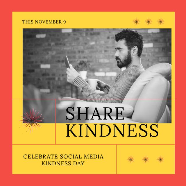 Young caucasian man having coffee, using digital tablet with social media kindness day text in frame. Digital composite, raise awareness, being kind online, celebration, technology.
