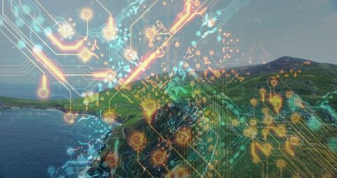 Mapping coastal cliffs with neon circuit overlay creating glowing data network at headland