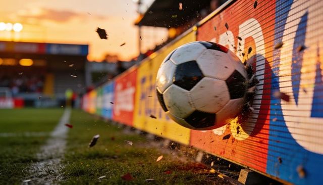 Soccer ball hitting led advertising board at sideline, turf debris flinging at sunset