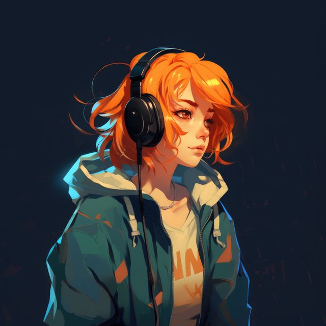Lofi anime girl wearing headphones on black background, created using generative ai technology. Anime, youth culture and urban style concept digitally generated image.