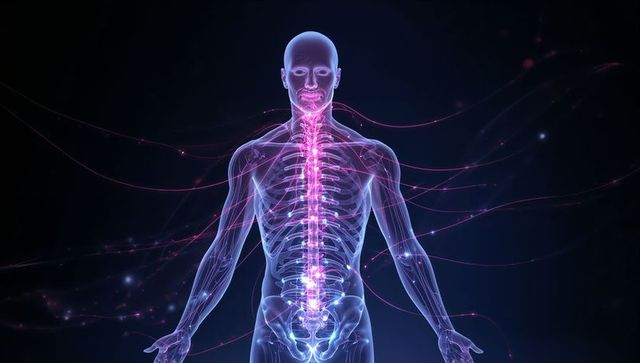 Holographic male anatomy highlighting spinal column and glowing nerve pathways in neon