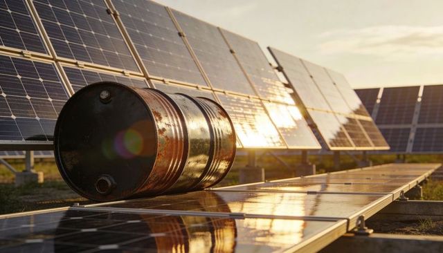 Rusty Oil Drum Resting on Solar Panels Reflecting Golden Sunset at Solar Farm