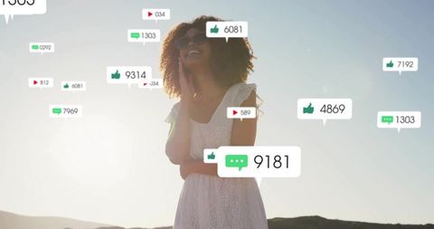 Stylish Woman with Social Icons at Sunset Scenic View