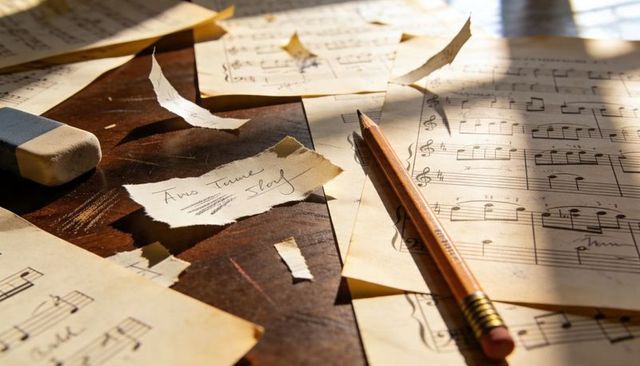 Vintage sheet music and torn manuscript fragments with pencil and eraser in warm sunlight