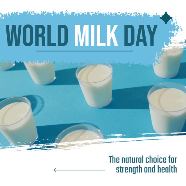 This image is perfect for promoting World Milk Day, emphasizing the health benefits of dairy products. It is suitable for use in blog posts, social media campaigns, nutritional awareness programs, and dairy product advertisements. The bright blue background and healthy glasses of milk make it eye-catching and engaging for health and wellness marketing material.