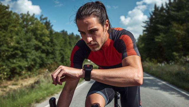 Focused road cyclist checking smartwatch while training on scenic country road