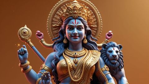 Vibrant blue-skinned goddess with lyroness mount displaying majestic divinity