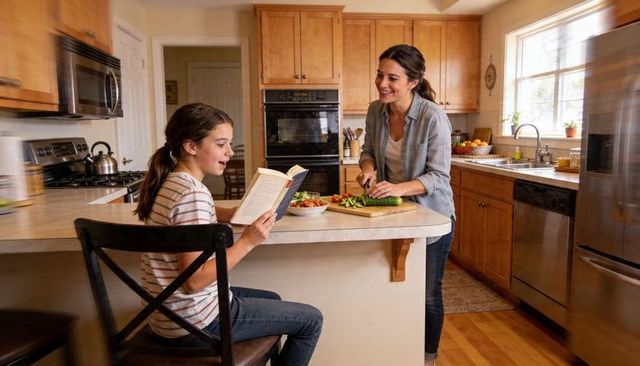 Mother and daughter preparing fresh salad while teen reading recipe on kitchen island