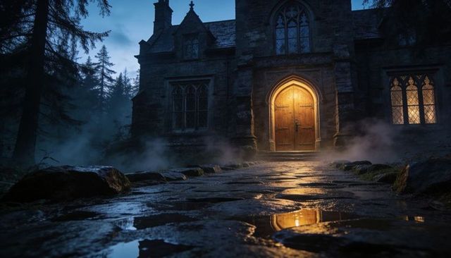Glowing Arched Manor Doorway Casting Warm Light Across Wet Stone Path at Dusk