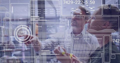 Tech professionals discussing data on transparent display