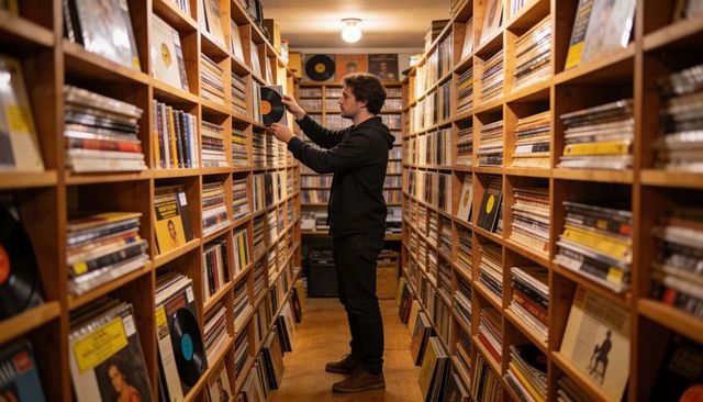 Browsing vintage vinyl in cozy wooden record-shop aisle, man reaching for lp