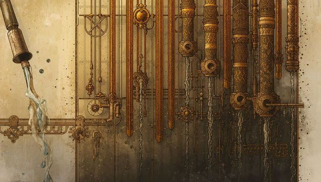 Leaking ornate brass and copper pipework releasing thin water streams, steampunk valves and gears