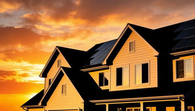 Sunset-glowing suburban house reflecting golden light with solar panels on roofline