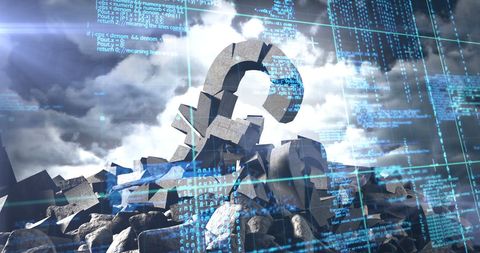 Collapsed Stone Pound Sign in Futuristic Digital Scape