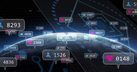 Floating Digital Notification Bubbles Above Earth's Cyberspace Horizon