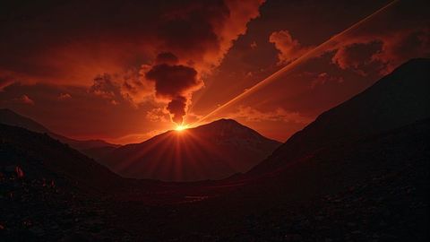 Erupting volcano with fiery plume and glowing dusk light