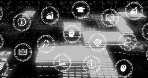 Futuristic holographic data icons floating over virtual binary grid analytics dashboard