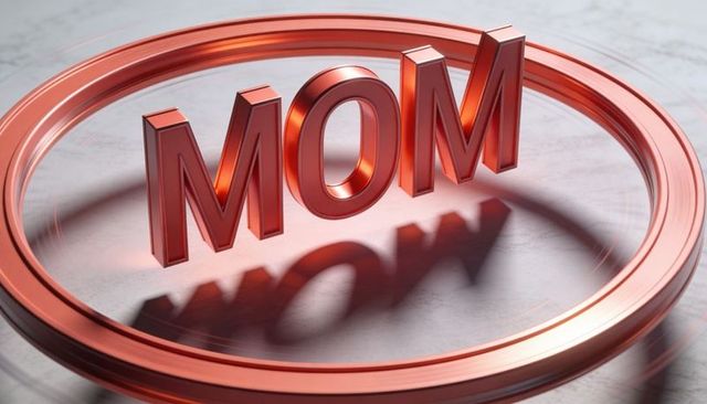 Glossy red 3d mom lettering floating inside metallic ring on marble surface