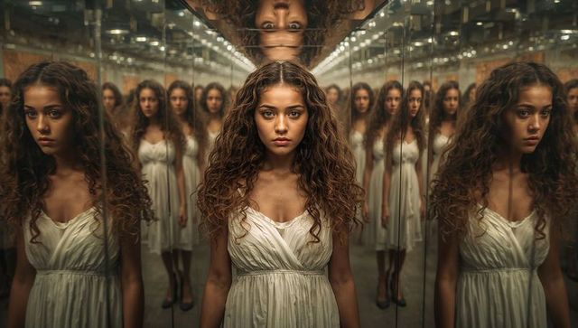 Woman surrounded by mirror reflections in mysterious hallway