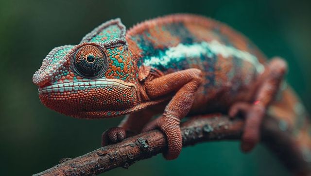 Vibrant chameleon close-up on tree branch in natural habitat