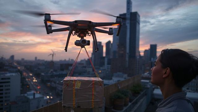 Hovering Quadcopter Delivering Parcel to Rooftop at Sunset with Woman Watching