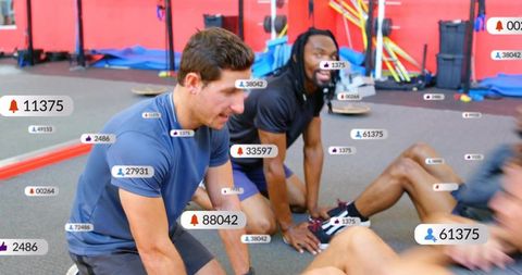 Trainers guiding group core workout with live rep tracking and floating metrics