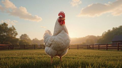 Enchanting rooster surveying serene pasture at sunrise