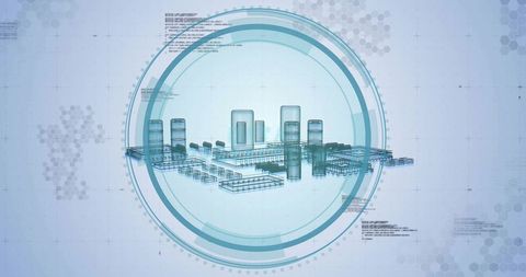 Futuristic Wireframe City Model with Digital Interface Overlay