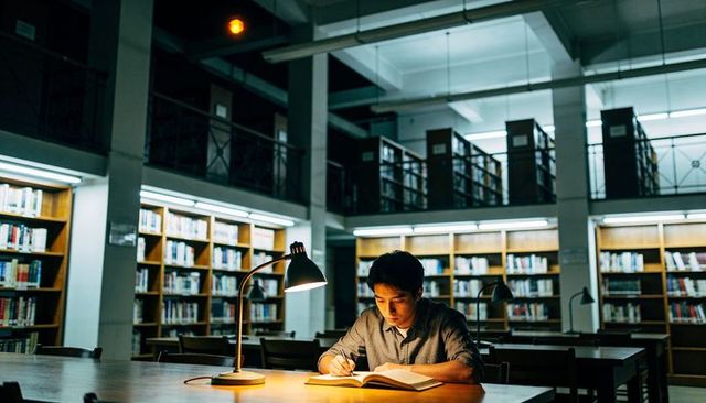 Young man studying late at wooden library table under lamp, reading and taking notes alone