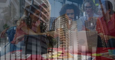 young diverse professionals engaged in discussion with financial charts and urban skyscrapers overlay. illustrates concept of global markets, technology in business strategy. ideal for blog posts or websites focusing on corporate finance, fintech concepts, or urban business environments.