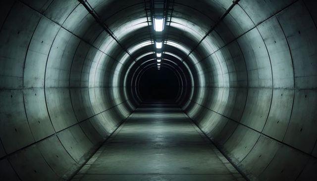 Illuminated concrete tunnel corridor with linear ceiling lighting and vanishing point
