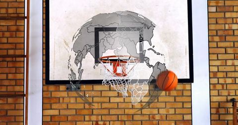 Basketball Hoop and Ball in Motion with World Map Overlay